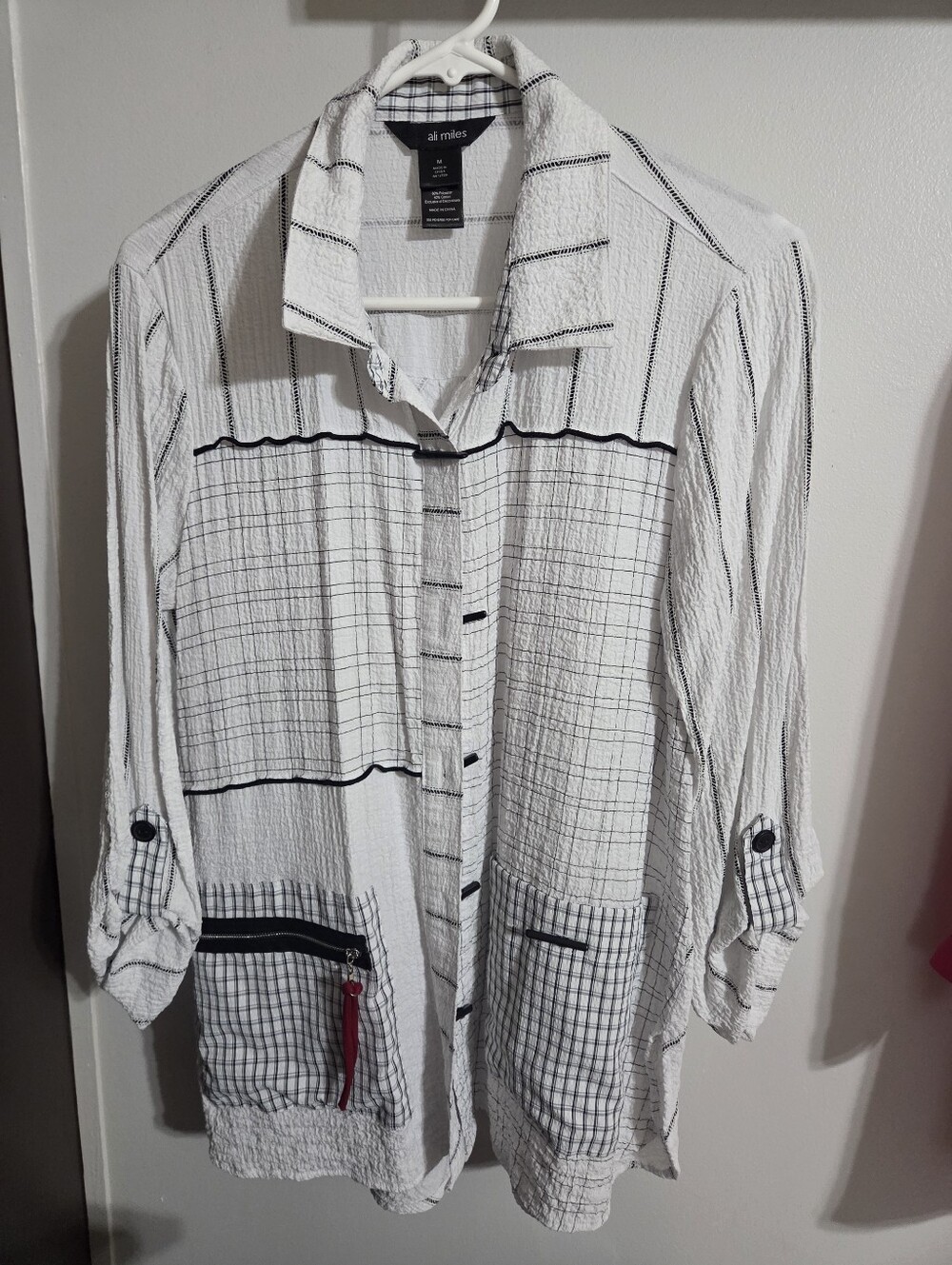 Ali Miles White and Black Patterned Lightweight Shirt Jacket